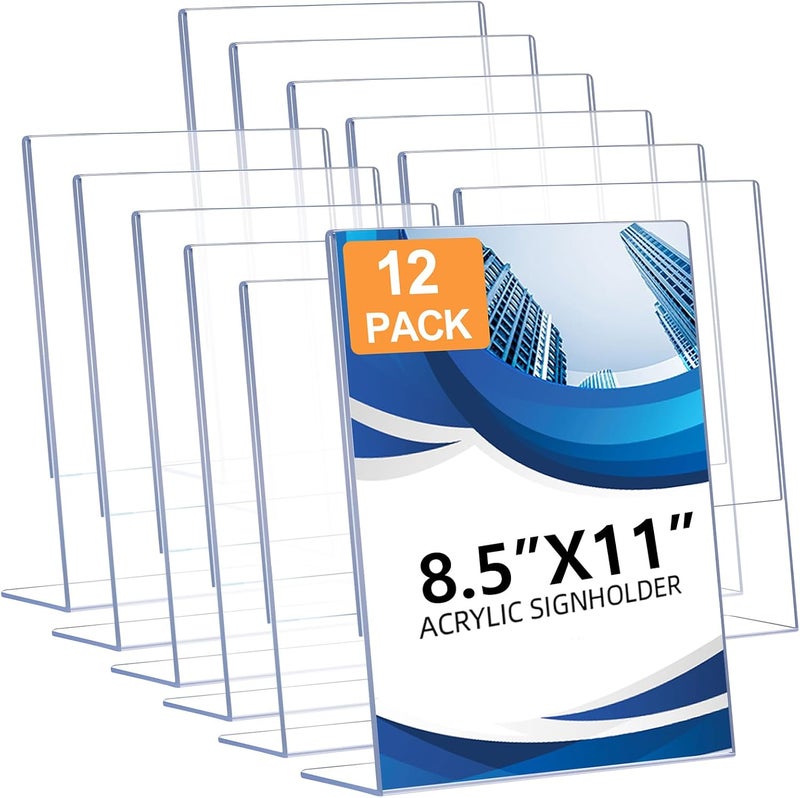DECOHOBO 12 Pack Acrylic Sign Holder 8.5 x 11, Clear Plastic Display Stands for Tabletop, L-Shape Acrylic Stands for Flyers, Documents, Office, Restaurants, Vertical Sign Holder 8.5x11 for Desktop - Image 1